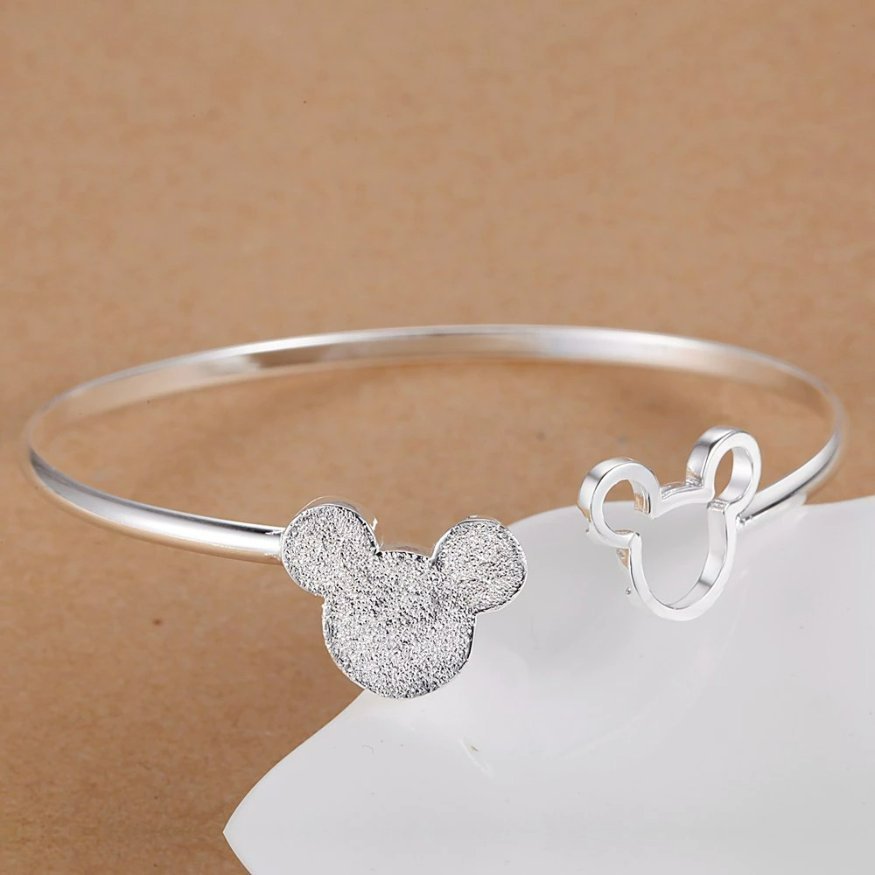 925 Sterling Silver Charm Mickey Mouse Open Bead Bangle Bracelet