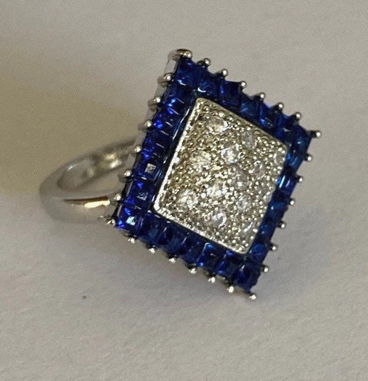 Art Deco Blue Faux Sapphire Vintage Silver Cluster Ring