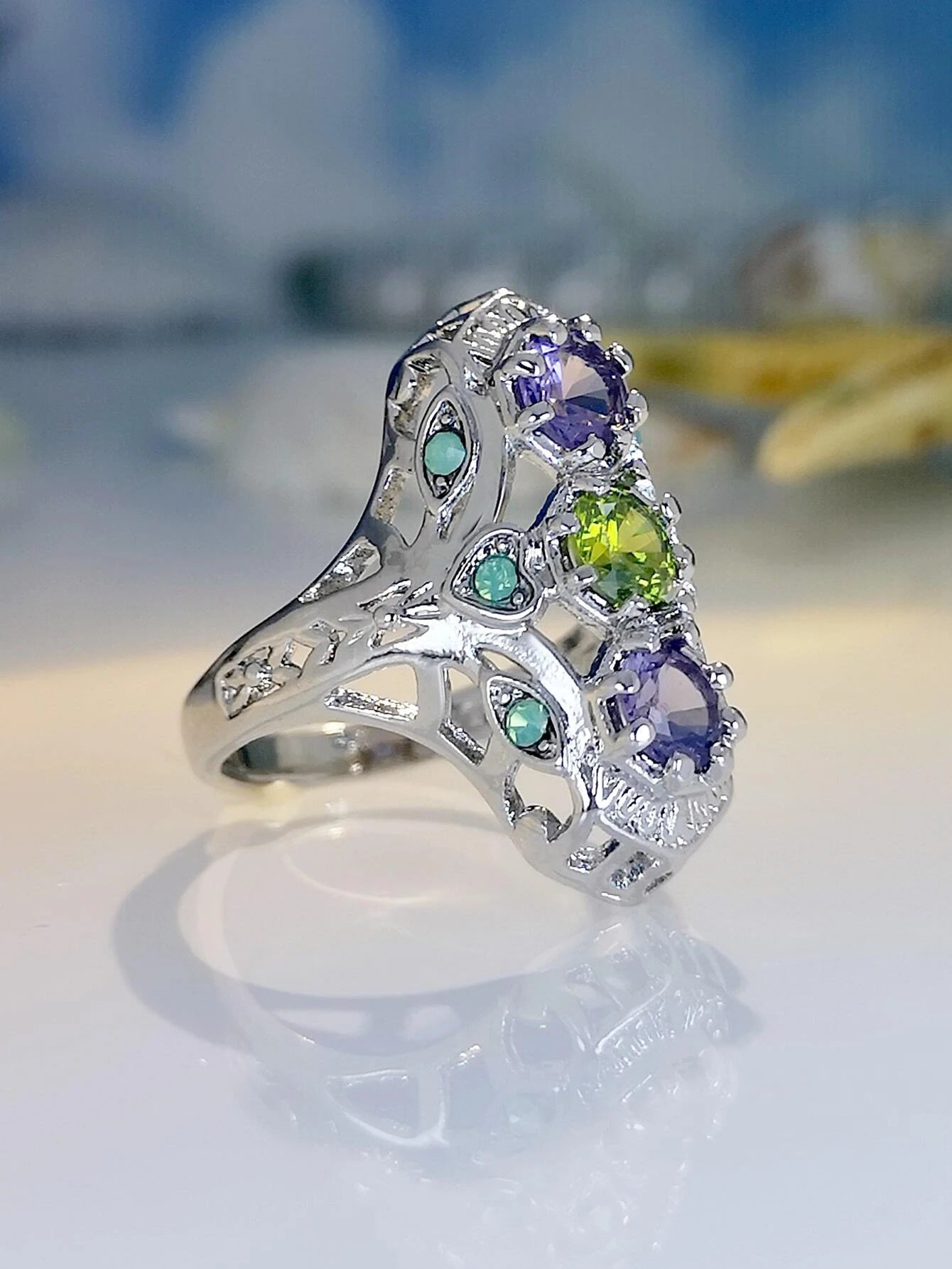 925 Sterling Silver Amethyst & Peridot Vintage Ring