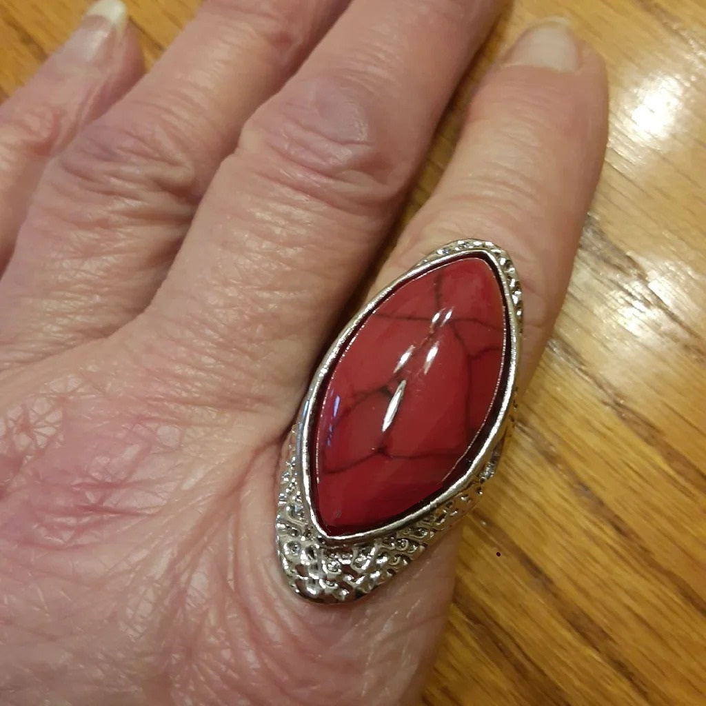 Natural Red 27mm Stone Hollow Antique Silver Ring