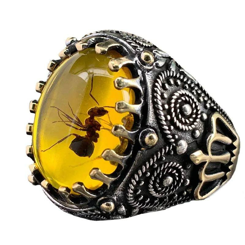 Men's Oval Gothic Crown Yellow Amber Ant Fossil Insect Two-Tone Ring