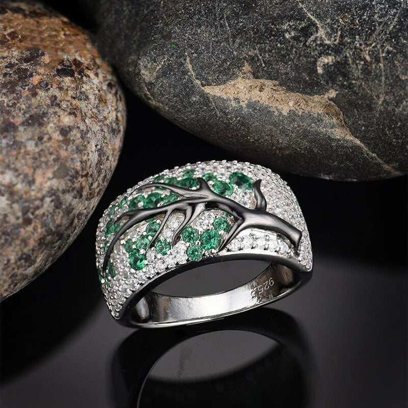 925 Sterling Silver Green Tree Branch Leaves Blossom Ring
