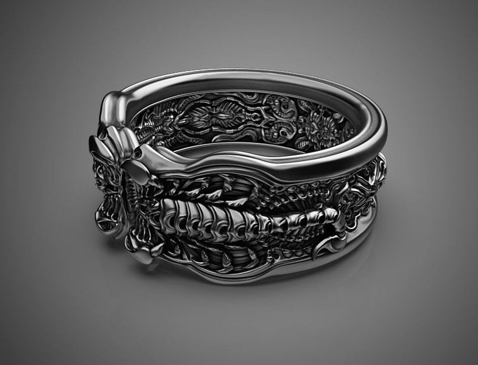 Engraved Black Scorpion Men's Silver Open Biker Ring