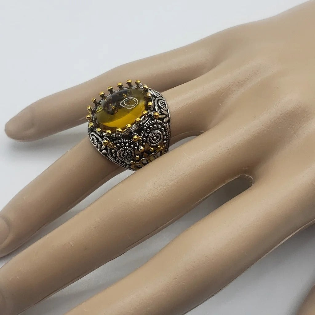 Men's Oval Gothic Crown Yellow Amber Ant Fossil Insect Two-Tone Ring