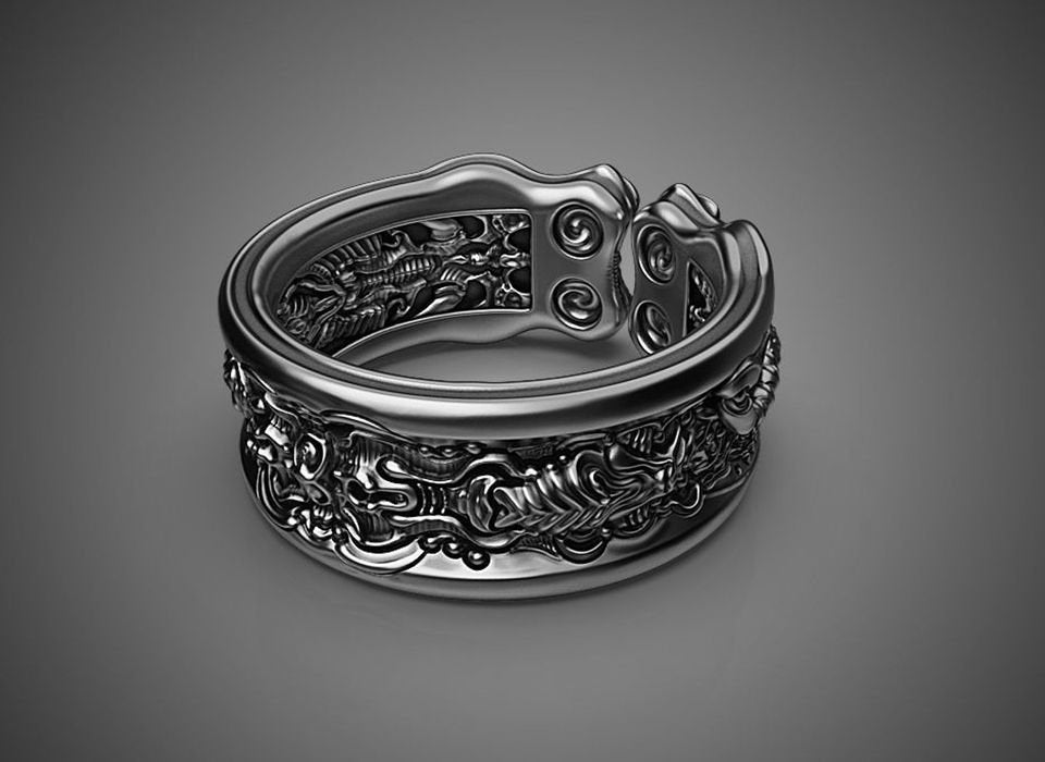 Engraved Black Scorpion Men's Silver Open Biker Ring