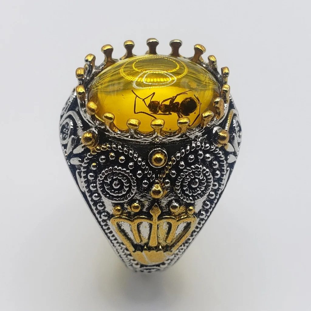 Men's Oval Gothic Crown Yellow Amber Ant Fossil Insect Two-Tone Ring