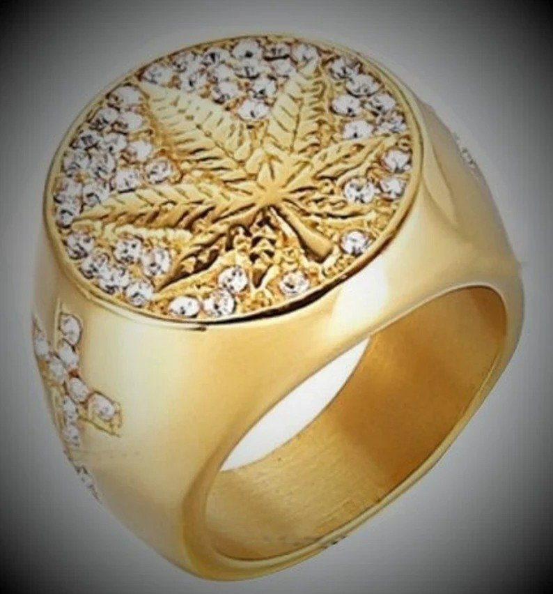 Round Cross Maple Leaf Gold Signet Ring