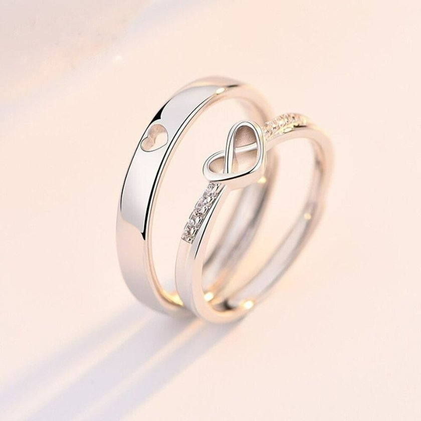 2pcs Sterling Silver Hollow Heart Matching Couple Ring Set