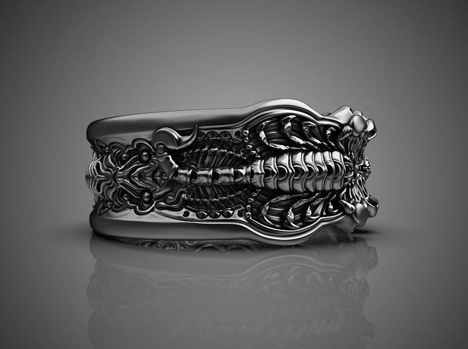 Engraved Black Scorpion Men's Silver Open Biker Ring