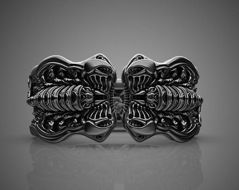 Engraved Black Scorpion Men's Silver Open Biker Ring