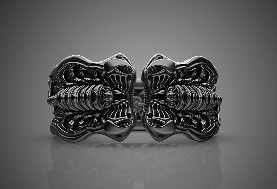 Engraved Black Scorpion Men's Silver Open Biker Ring