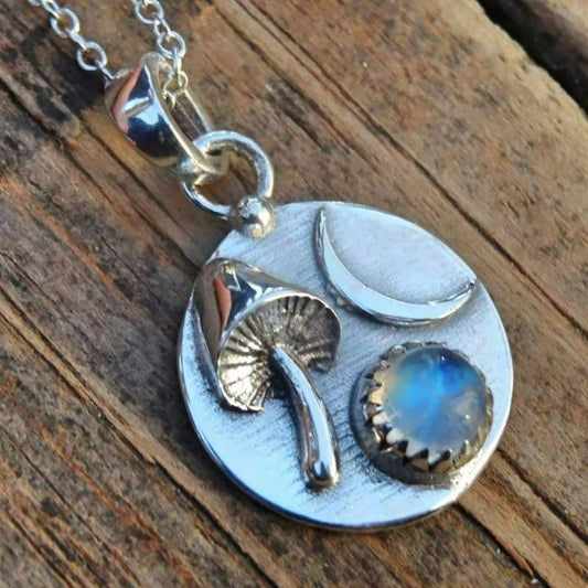 Vintage Rainbow Moonstone, Mushroom & Moon Necklace