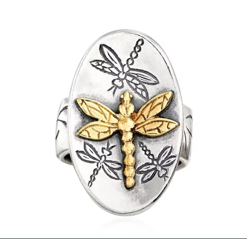Sterling Silver Vintage Oval Golden Dragonfly Signet Ring