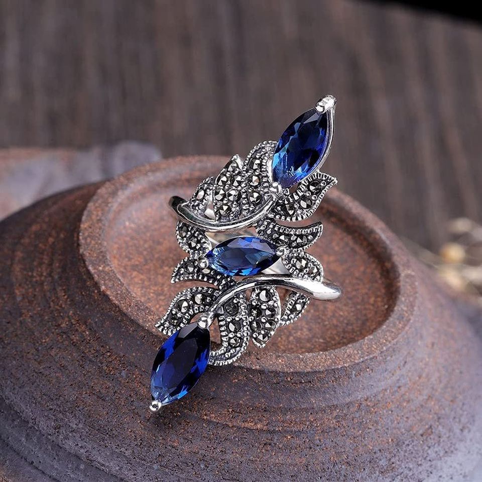 Vintage Faux Blue Sapphire Antique Silver Art Deco Ring