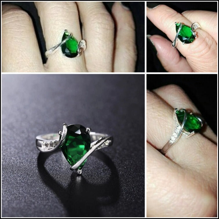 925 Sterling Silver Big Emerald Green Teardrop Ring
