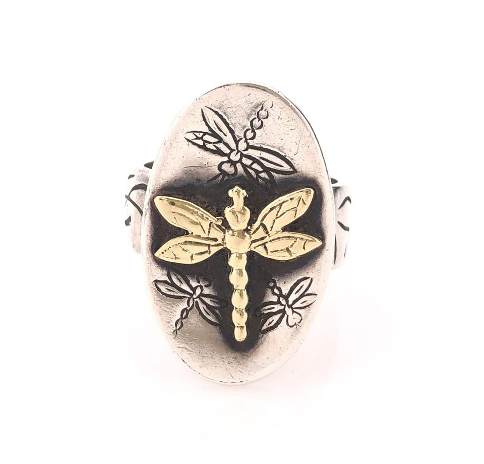 Sterling Silver Vintage Oval Golden Dragonfly Signet Ring