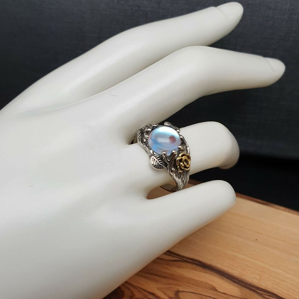 Vintage Moonstone Black Jewelry Gold Flower Silver Ring
