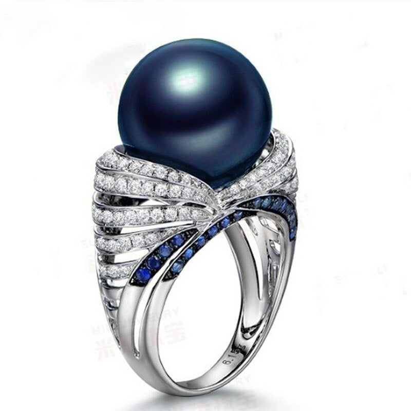 Brilliant Round Round Blue Pearl Grey CZ Crystal Ring