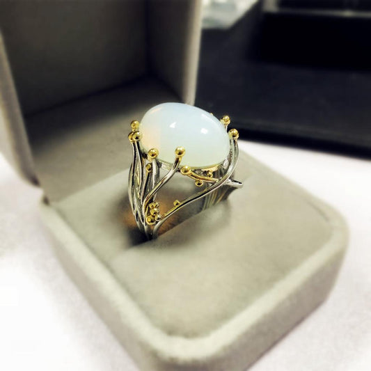 Big Geometric White Moonstone Vintage Silver Ring