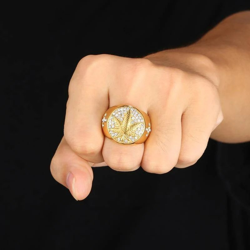 Round Cross Maple Leaf Gold Signet Ring