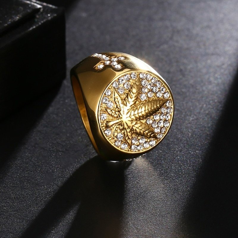 Round Cross Maple Leaf Gold Signet Ring