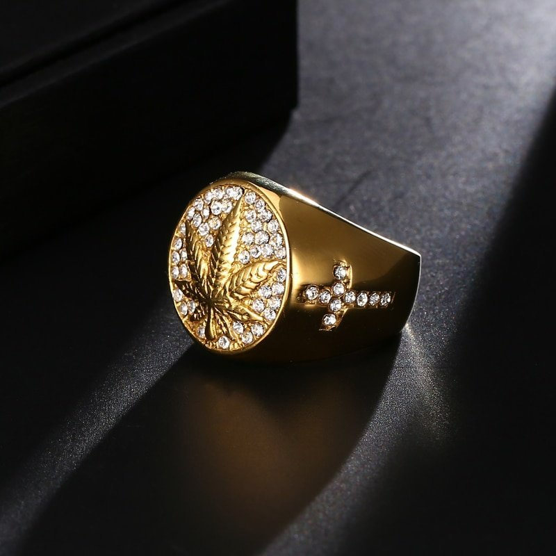 Round Cross Maple Leaf Gold Signet Ring