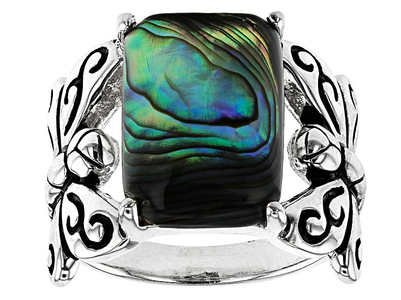 Distressed Colorful Shell Butterfly Antique Silver Ring