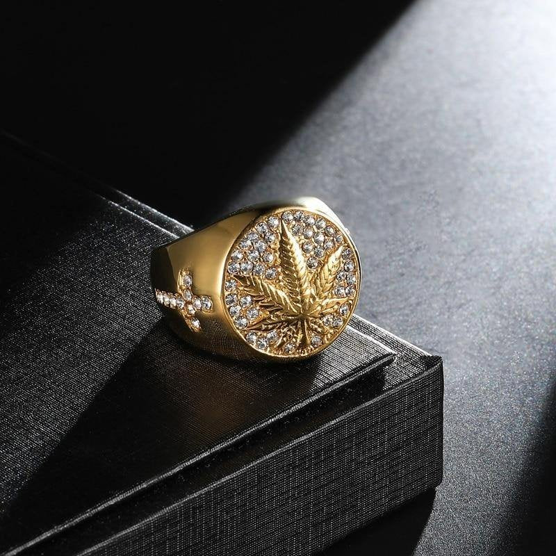 Round Cross Maple Leaf Gold Signet Ring