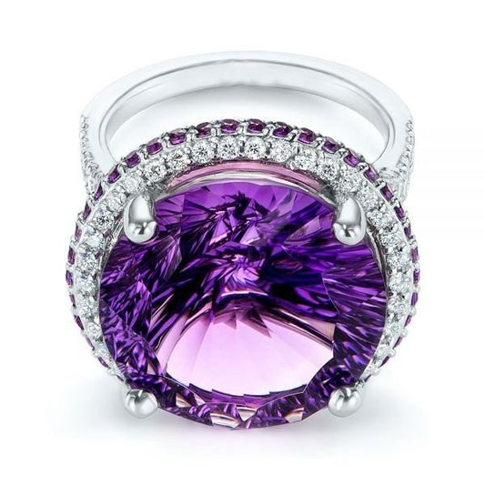 12mm Round Cut Purple Amethyst & CZ Crystal Silver Ring