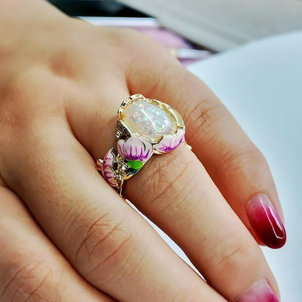 Floral Fuchsia Oval White Opal Gold Ring