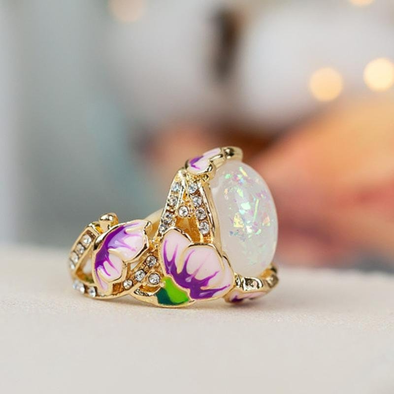 Floral Fuchsia Oval White Opal Gold Ring