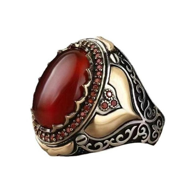 Men's Retro Handmade Turkish Red Agate Gemstone Two Tone Ring