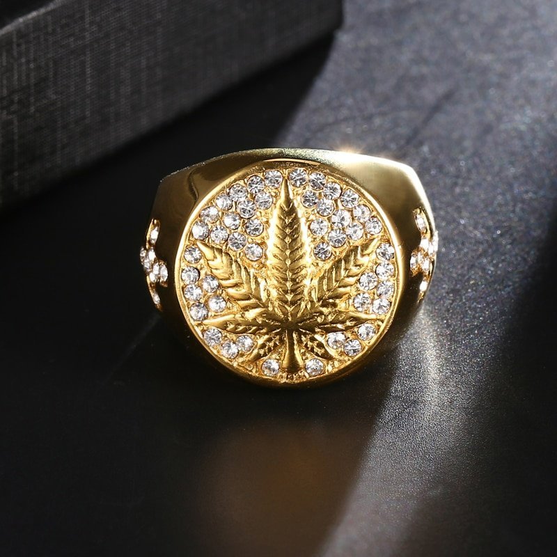 Round Cross Maple Leaf Gold Signet Ring