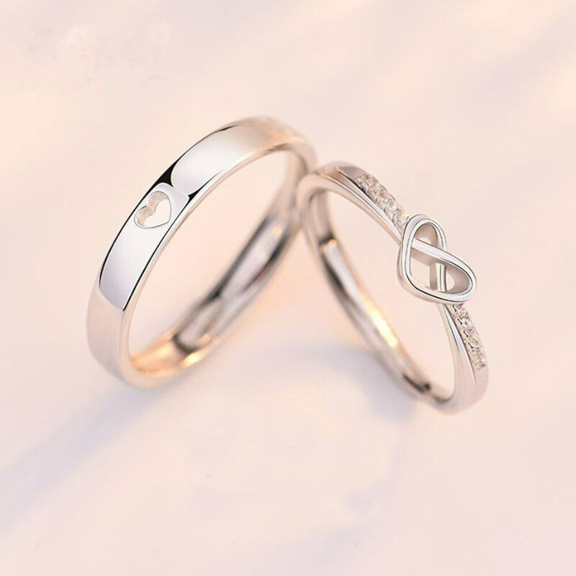 2pcs Sterling Silver Hollow Heart Matching Couple Ring Set