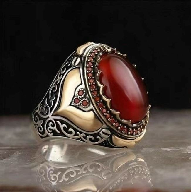 Men's Retro Handmade Turkish Red Agate Gemstone Two Tone Ring