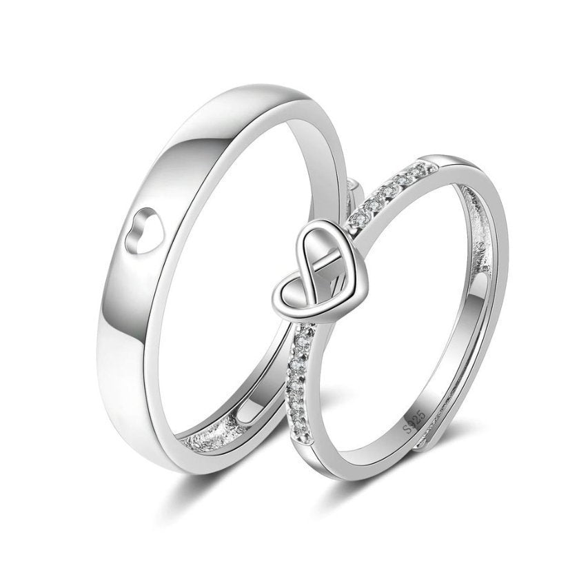2pcs Sterling Silver Hollow Heart Matching Couple Ring Set
