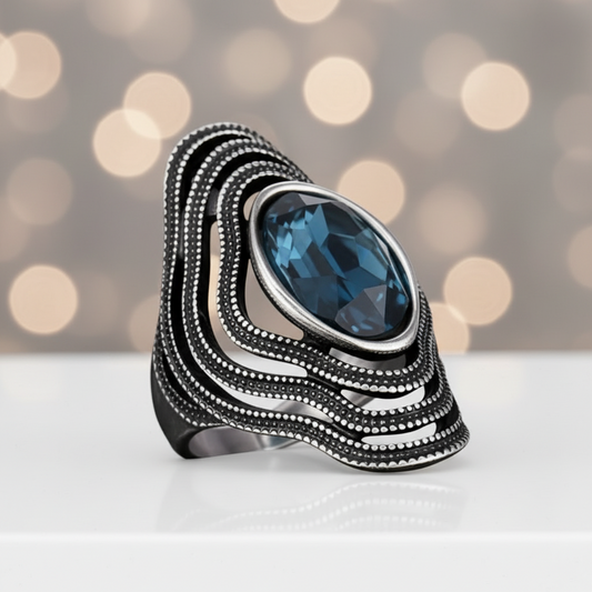 Long Vintage European Blue Sapphire Antique Silver Ring
