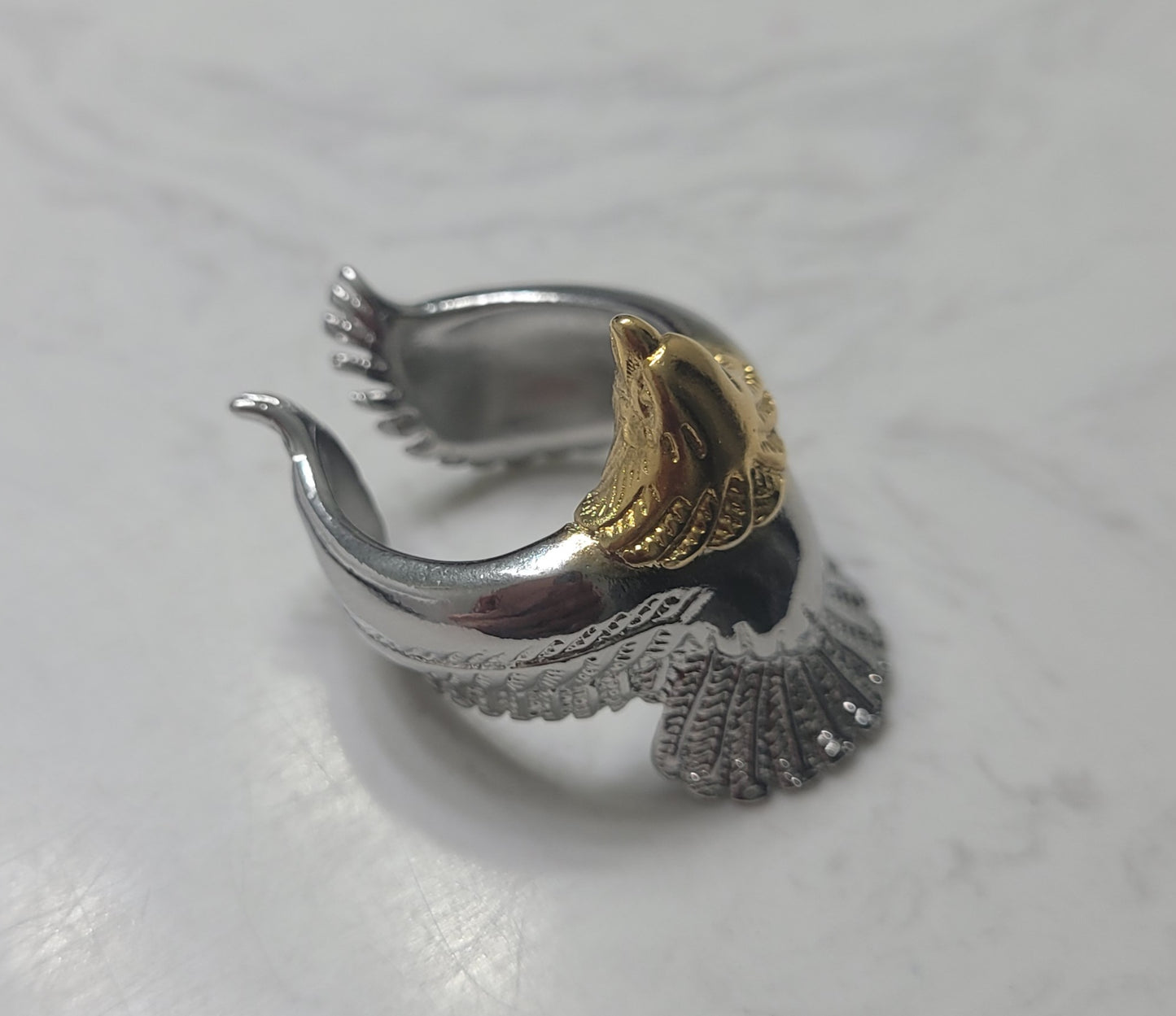 Men's Carved Flying Eagle Wings Open Sterling Silver Plated Two-Tone Ring