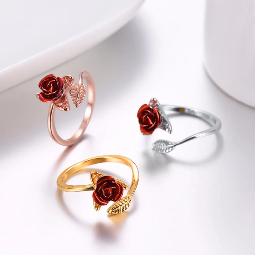 Exquisite Red Rose Flower Leaf Open Cocktail Ring