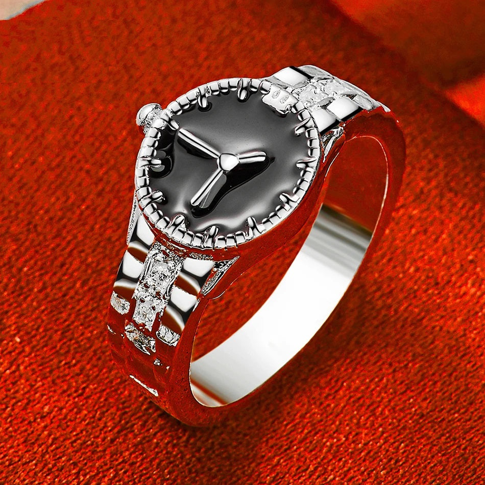 925 Sterling Silver Analog Watch Shaped Clock Ring