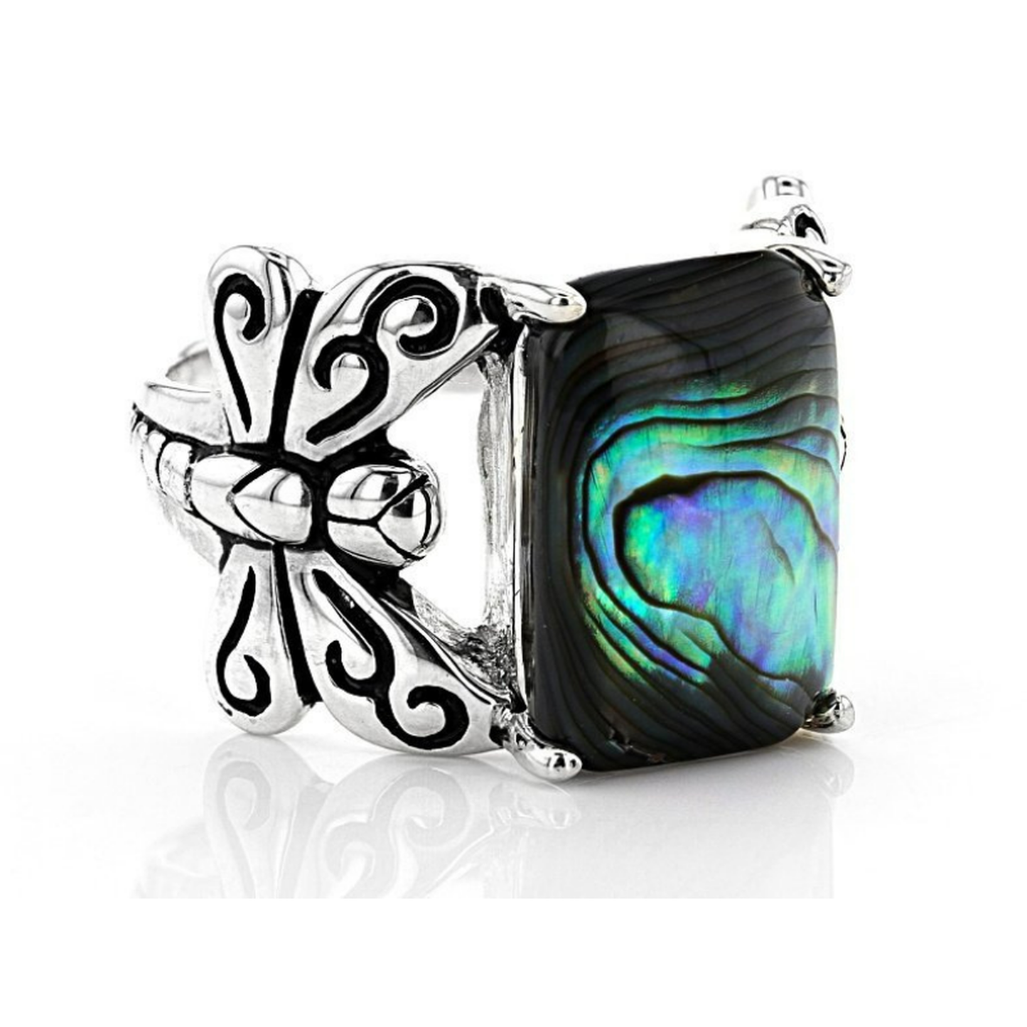 Vintage Distressed Colorful Shell Butterfly Antique Silver Ring