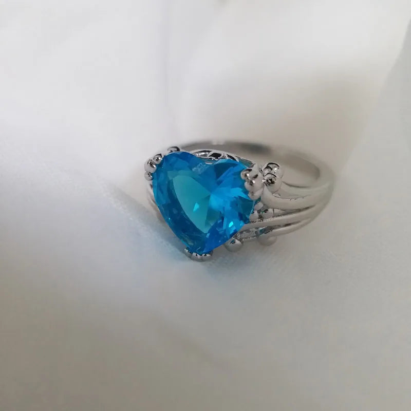 12mm Blue Aquamarine Silver Tone Heart Shaped Ring