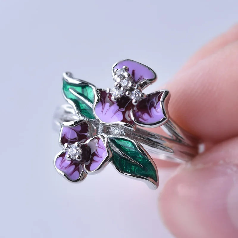 Sterling Silver Purple Plum Lotus Flower Leaves Enamel Ring