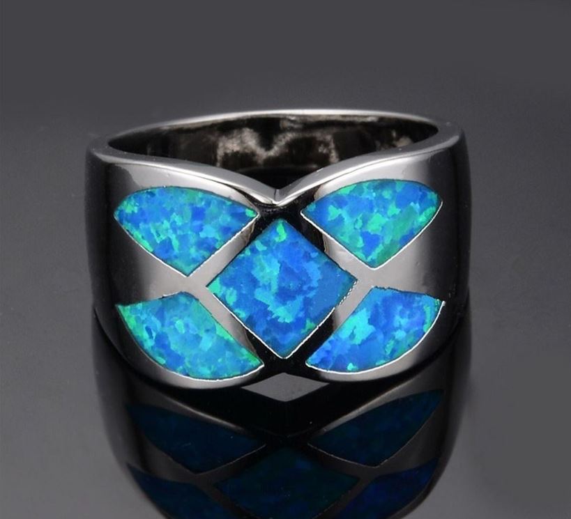 Wide Blue Fire Opal Geometric Silver Ring