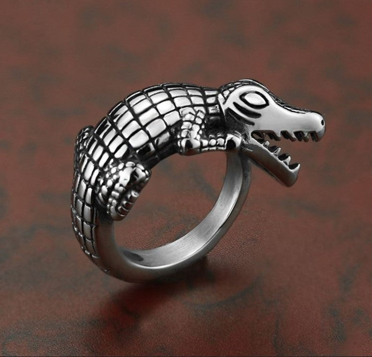 Retro Crocodile Alligator Silver Animal Biker Ring