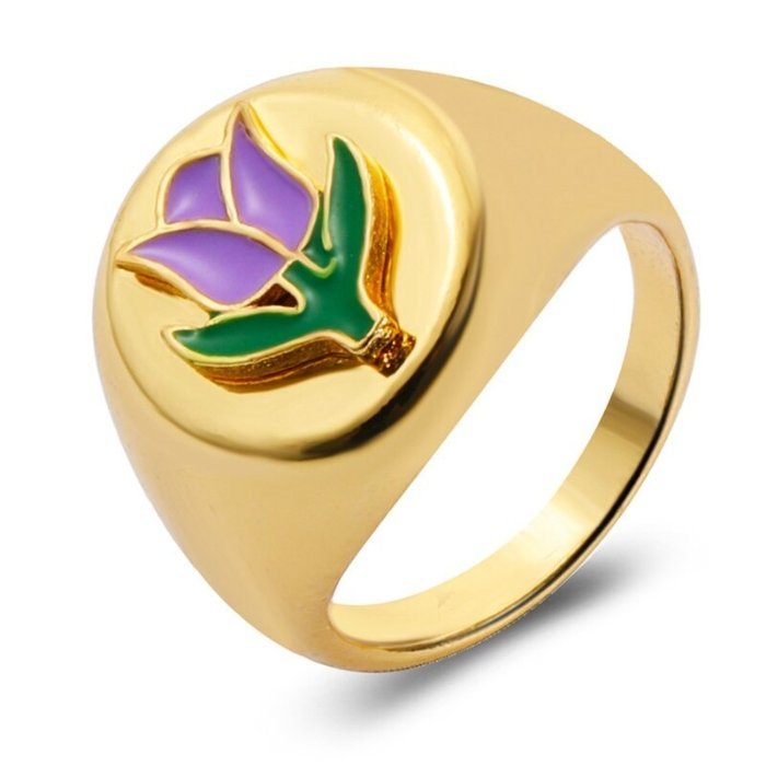 Colorful Dripping Oil Tai Chi Purple Tulip Gold Signet Ring