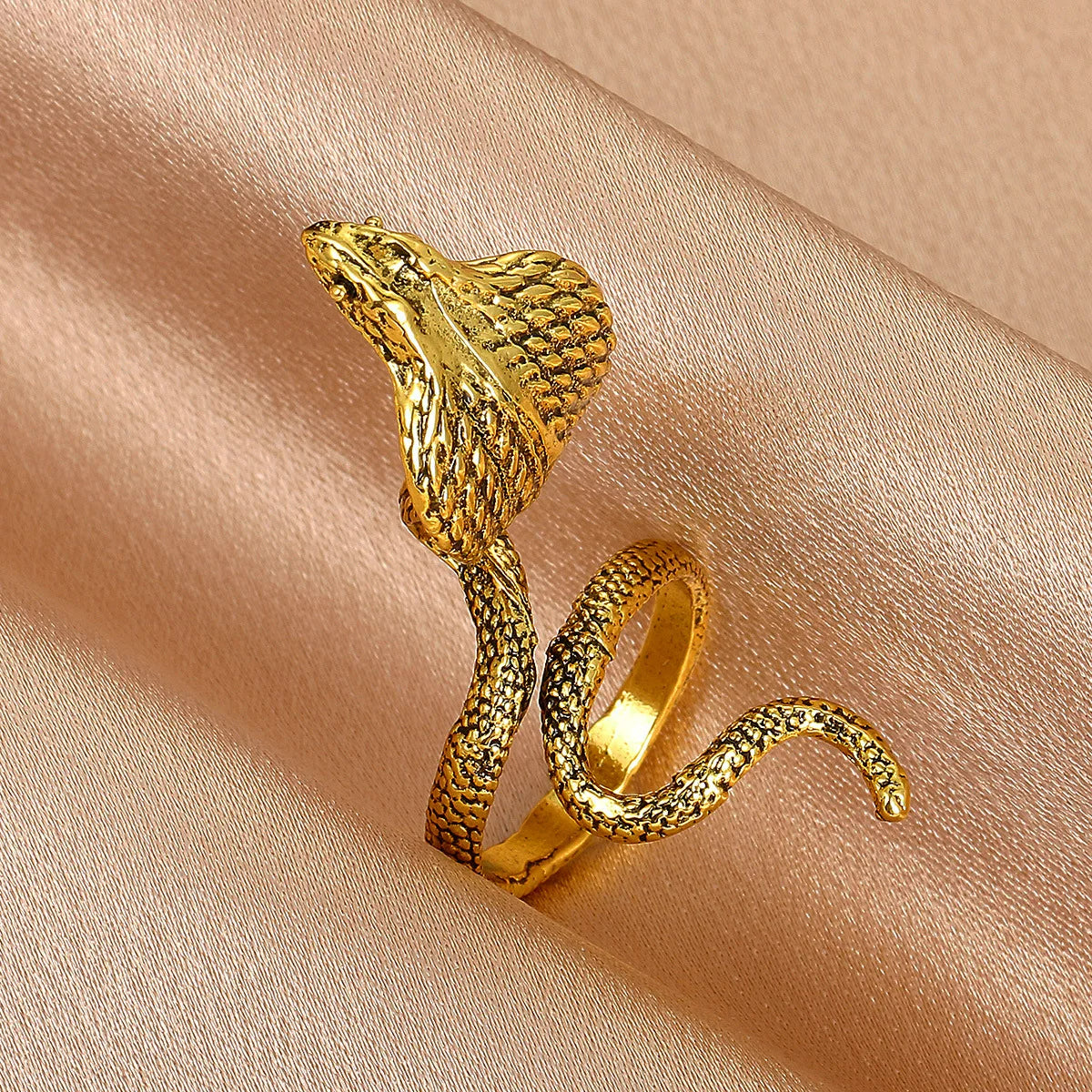 Carved Laby Cobra Snake Open Biker Gold Ring