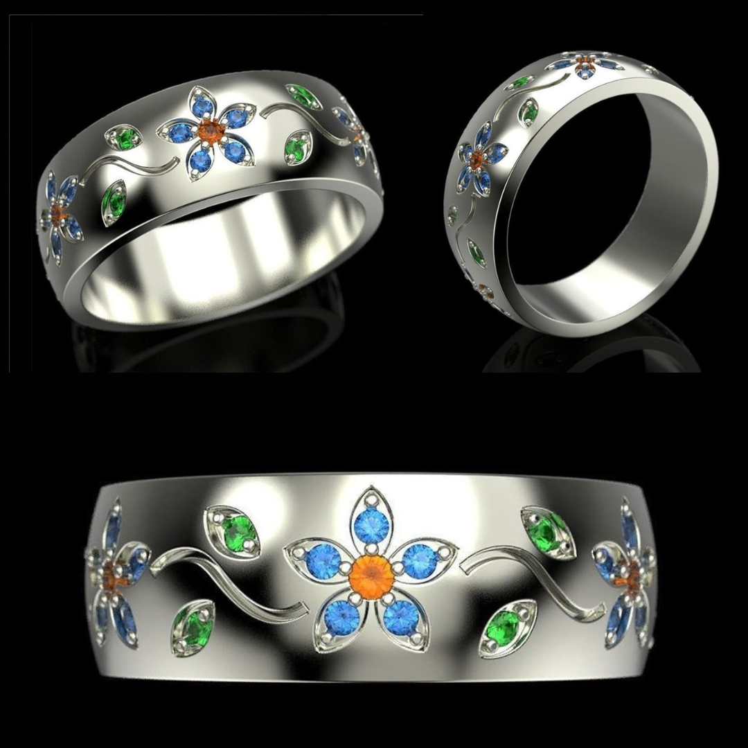 Colorful Small Flower Vine Silver Ring
