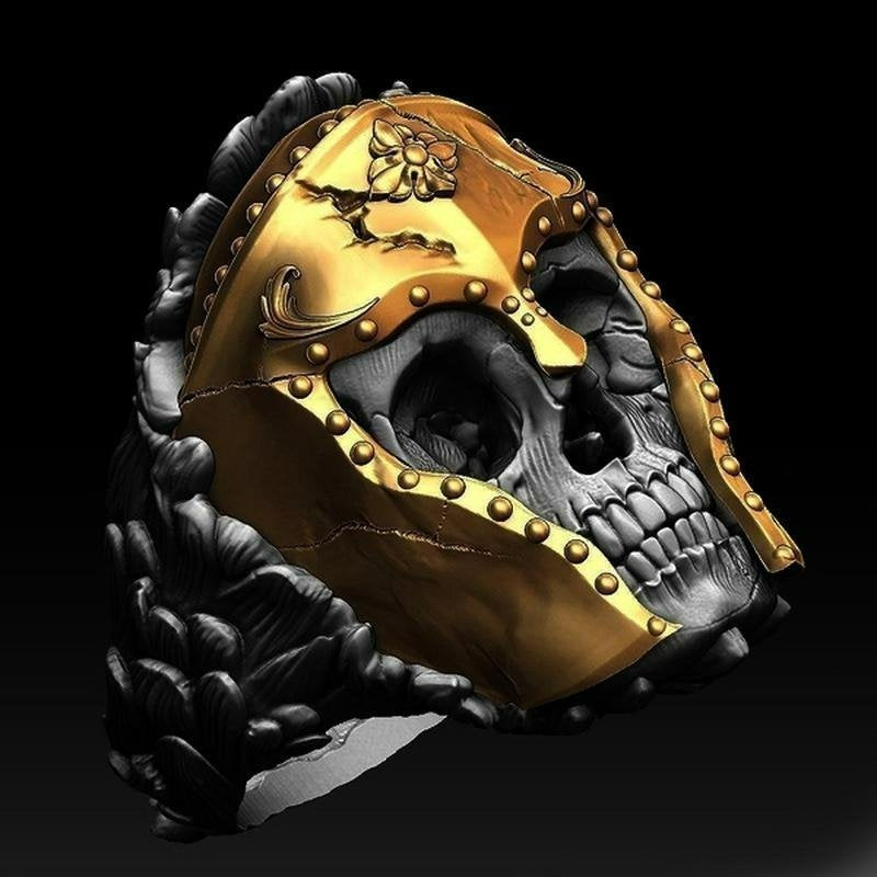 Huge 25mm Viking Warrior Demon Black Skull Biker Gold Helmet Ring