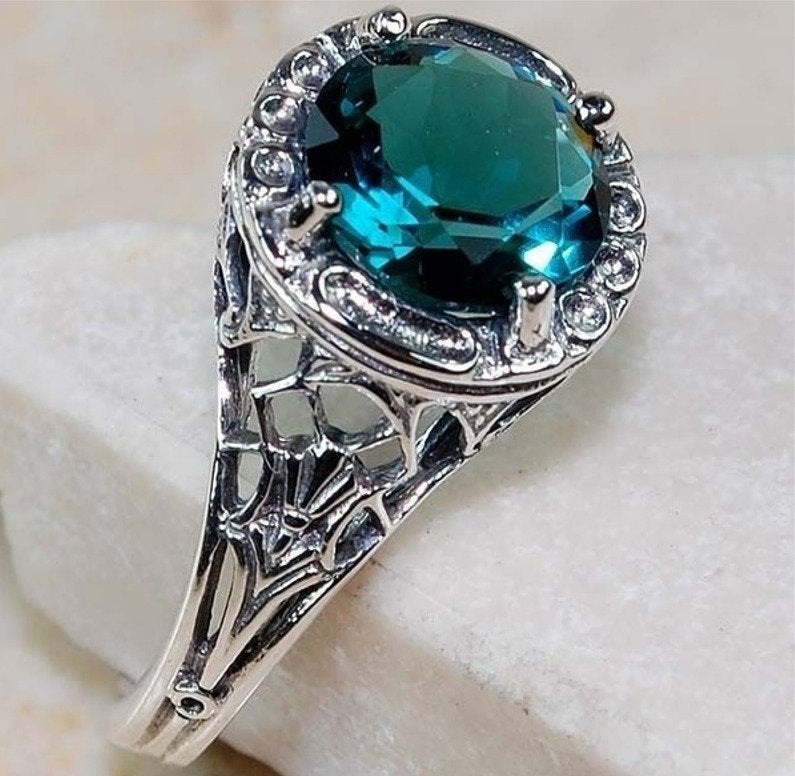 1CT Hollow London Blue Art Deco Vintage Silver Filigree Ring